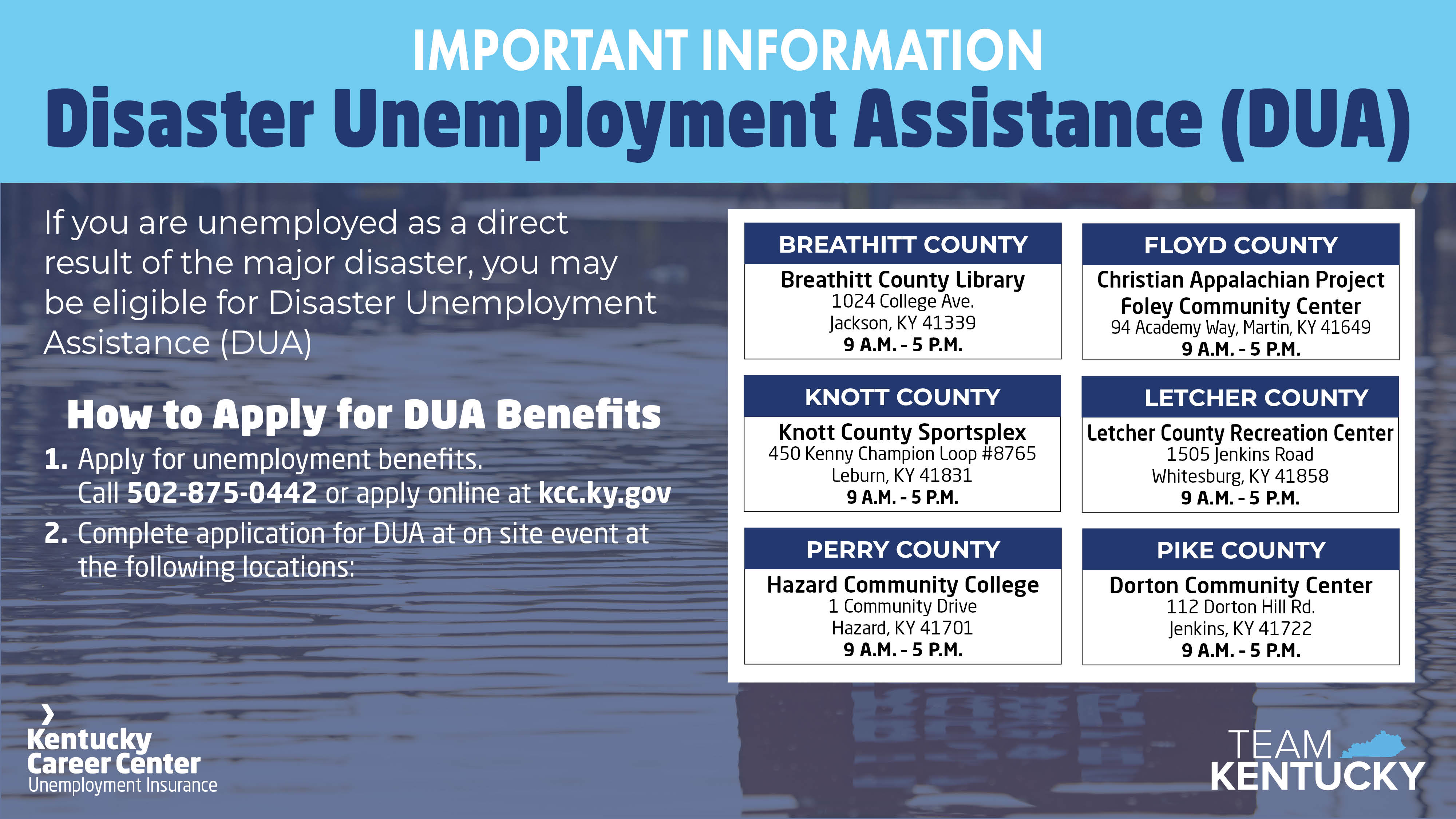 UPDATED: DUA claimants - get help with applications at the following Eastern Kentucky locations: 